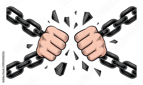 Two Fists Breaking a Heavy Metal Chain with Fragments Flying