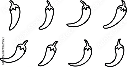 Chili Pepper Outline Icon Set Featuring Spicy Hot Red Pepper Vector Illustration Collection Isolated on Gray Background