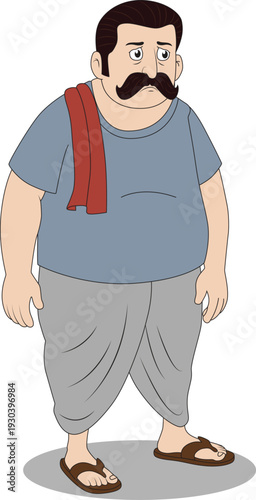 Sad Overweight Indian Rural Man with Red Gamcha and Dhoti Cartoon Vector Illustration