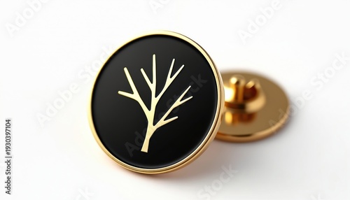 Round black pin with golden tree emblem. Shiny gold edge and clasp on back. Blank accessory for custom design or branding. Minimalist elegant jewelry.