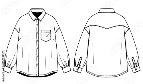 Oversize Classic Collar Button Shirt Technical Fashion Illustration CAD Template