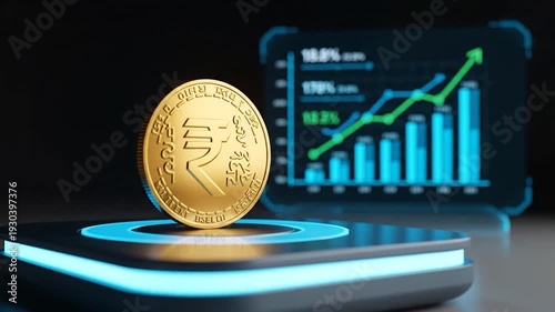 A gold coin with a currency symbol sits on a light-emitting platform, graphs in the background