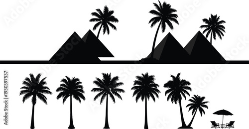 Black Silhouette Vector Illustration of Tropical Palm Trees Pyramids and Beach Chairs Under Umbrella Isolated on White Background for Summer Vacation Travel and Tourism Design