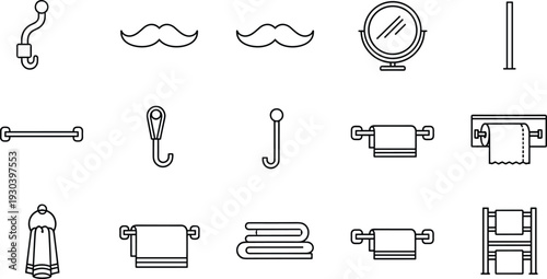 Set of minimalist bathroom accessory line icons including towel rack, mirror, toilet paper holder, hooks, and folded towels for modern interior design and hygiene concepts. (25 words)