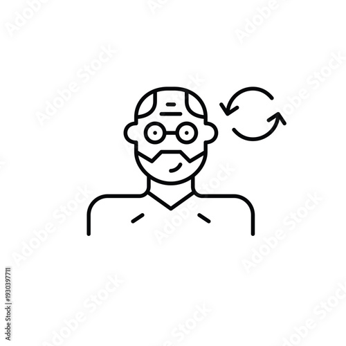 Middle aged man avatar and refresh arrows. Profile update, account renewal. Pixel perfect, editable stroke vector icon