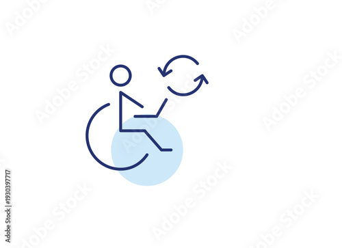 Person in wheelchair working at laptop and renew arrows. Accessibility update, workplace refresh, inclusion renewal. Pixel perfect, editable stroke vector icon