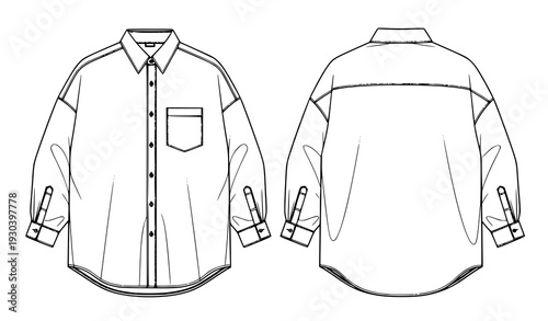 Unisex Oversize Button Up Shirt Flat Sketch Technical CAD Vector Mockup
