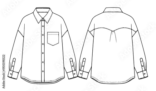 Oversize Classic Collar Shirt Flat Technical Drawing Unisex CAD Vector Template