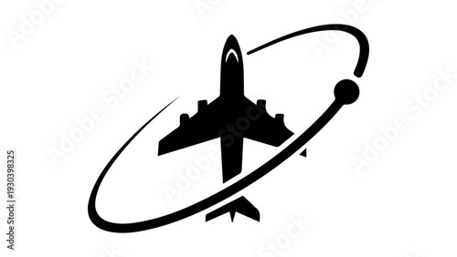 A sleek airplane flies around a circular orbit representing global travel silhouette