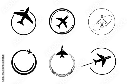 Various airplane designs within circular frames demonstrating flight paths a silhouette