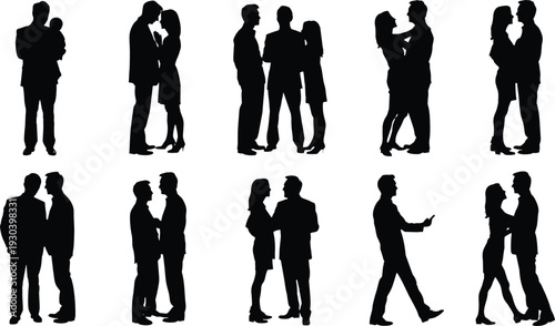 Large collection of black silhouettes featuring romantic couples hugging parents with children and business people standing in various poses isolated on a white background