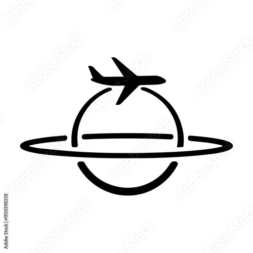 A minimalist depiction of global travel featuring an airplane and earth silhouette