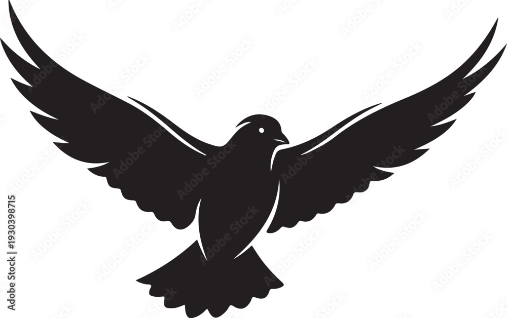 Fototapeta premium A black silhouette of a bird in mid-flight against a white background.