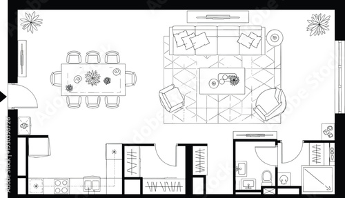 Modern Open Concept Floor Plan Architectural Drawing Featuring Kitchen Dining Area Living Room With Furniture Layout Professional Interior Design Blueprint For Residential Apartment Real Estate Projee