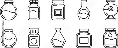 Glass Jar and Bottle Outline Icon Set Featuring Honey Jam Syrup and Storage Container Vector Illustration Collection