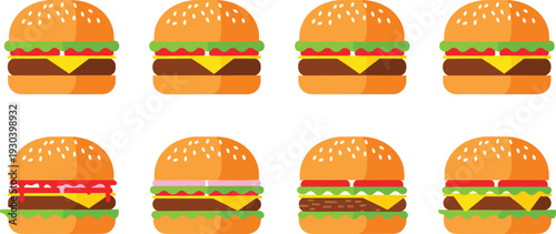 Flat Design Cheeseburger and Fast Food Icon Set Featuring Diverse Toppings and Delicious Burger Variations for Restaurant Menus and Delivery Apps
