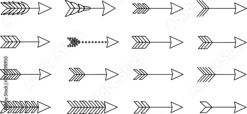 Linear Boho Decorative Arrow Collection Featuring 16 Tribal Inspired Fletching Styles and Minimalist Pointers for Elegant Graphic Design