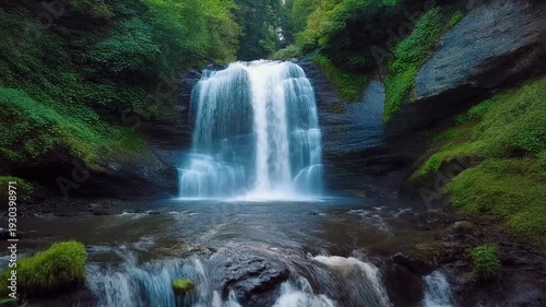 Waterfall Scene in Lush Green Forest with Flowing Water Landscape