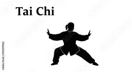 Tai Chi martial arts silhouette illustration displaying balanced defensive stance posture in strong black vector style representing traditional Chinese wellness practice, meditation movement therapy, 