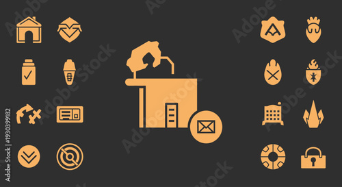 Smart industrial factory concept illustration featuring manufacturing plant structure combined with digital communication and automation symbols representing Industry 4.0 transformation, connected pro