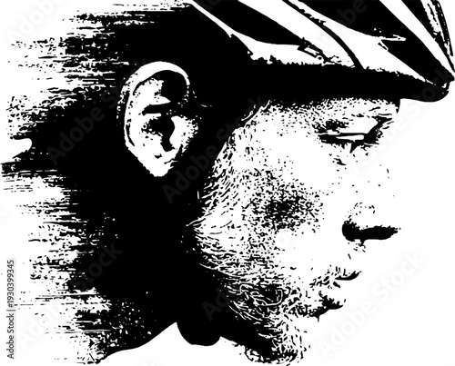 Cyclist in helmet stencil profile - high contrast abstract design for sport enthusiasts