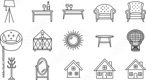 Line art vector illustration set of home interior furniture icons including floor lamp, tables, armchairs, sunburst mirror, coat rack, standing mirror, and residential house icons.