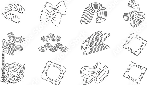 Italian Pasta Shapes Outline Set Featuring Macaroni Fusilli Ravioli Farfalle and Spaghetti Vector Illustration Collection Isolated on Gray Background