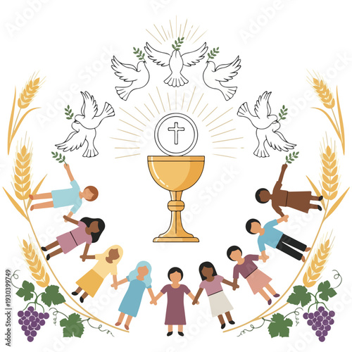 Illustration of symbols, doves, and diverse children around a chalice