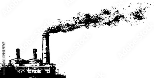 Industrial smokestack emission in vintage stencil style abstract design