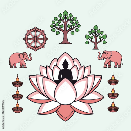 Illustration of symbols, including lotus, Buddha, trees, wheel, lamps and elephants