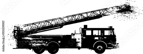 Vintage fire truck with ladder silhouette in high contrast stencil style for design