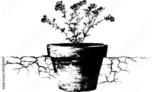 High contrast abstract flower pot with cracked rim - stencil style design for art prints