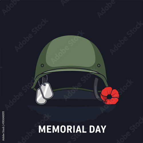 Illustration shows a helmet, dog tags and poppy for remembrance