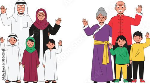 Multicultural Multigenerational Family Illustration Set Featuring Middle Eastern and East Asian Families in Traditional Clothing for Inclusive Design