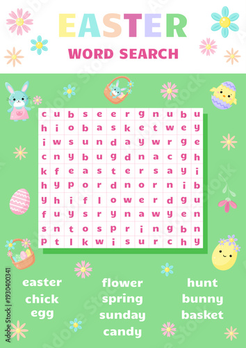 Educational game for kids. Cute Easter word search game.Find words. Printable game.Educational activity worksheet.Illustration for kids books and workbooks.Logical quest for children.Vector 