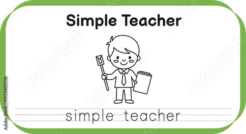 Cute Simple Teacher Character Holding Pointer Stick and Book, Line Art Illustration