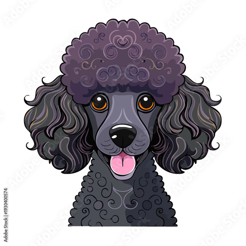 Poodle with curly fur and brown eyes sits calmly, showcasing its unique hairstyle and friendly expression in a simple style