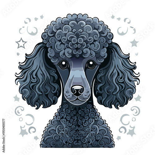 Cute poodle dog with curly fur and bright eyes surrounded by simple decorative elements