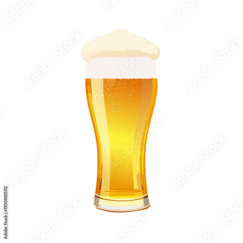 Glass of beer with foam on top served in a bar at night during a gathering with friends