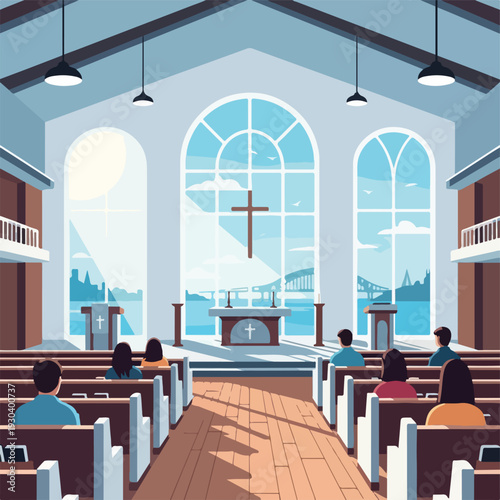 Inside a church with people and windows that show a city and river