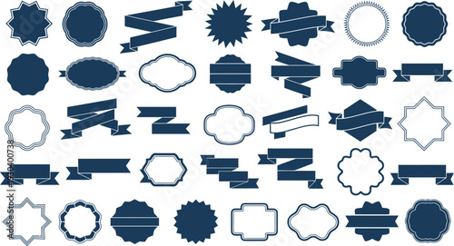 Diverse collection of dark blue and white graphic design elements, featuring various labels, badges, and decorative ribbons, isolated on a white background.