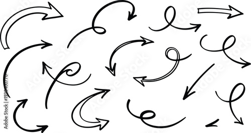 Hand-Drawn Sketch Arrow and Swirl Set Featuring 14 Organic Black Directional Pointers and Looping Elements for Creative Editorial and Presentation Design