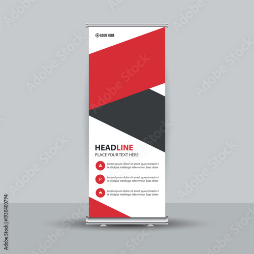 Corporate Business Roll Up Banner with Red and Black Shapes