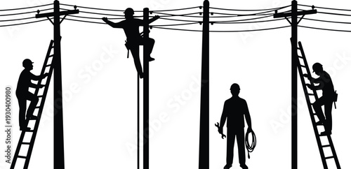 Utility workers climbing poles and ladders illustration, electrical linemen silhouette, power line maintenance, black and white infrastructure drawing, energy distribution repair scene