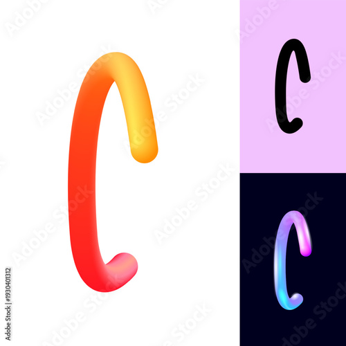 3D flexible or neon letter C, tubular alphabet, bright plastic bubble letter c, vector illustration 10EPS
