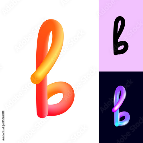 3D flexible or neon letter B, tubular alphabet, bright plastic bubble letter b, vector illustration 10EPS