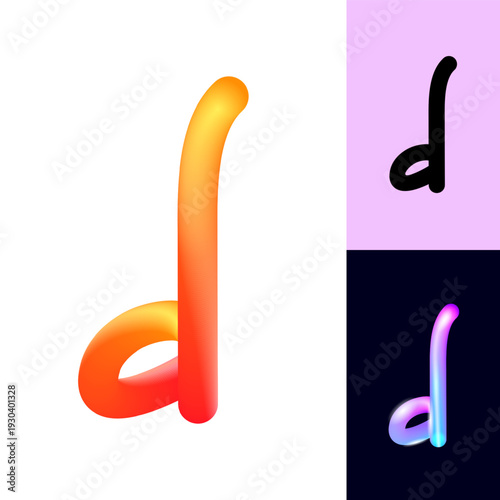 3D flexible or neon letter D, tubular alphabet, bright plastic bubble letter d, vector illustration 10EPS