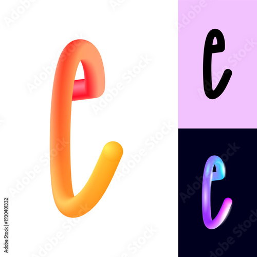 3D flexible or neon letter E, tubular alphabet, bright plastic bubble letter e, vector illustration 10EPS
