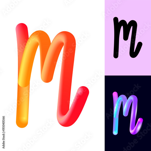 3D flexible or neon letter M, tubular alphabet, bright plastic bubble letter m, vector illustration 10EPS