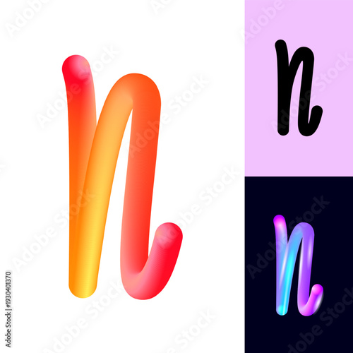 3D flexible or neon letter N, tubular alphabet, bright plastic bubble letter n, vector illustration 10EPS